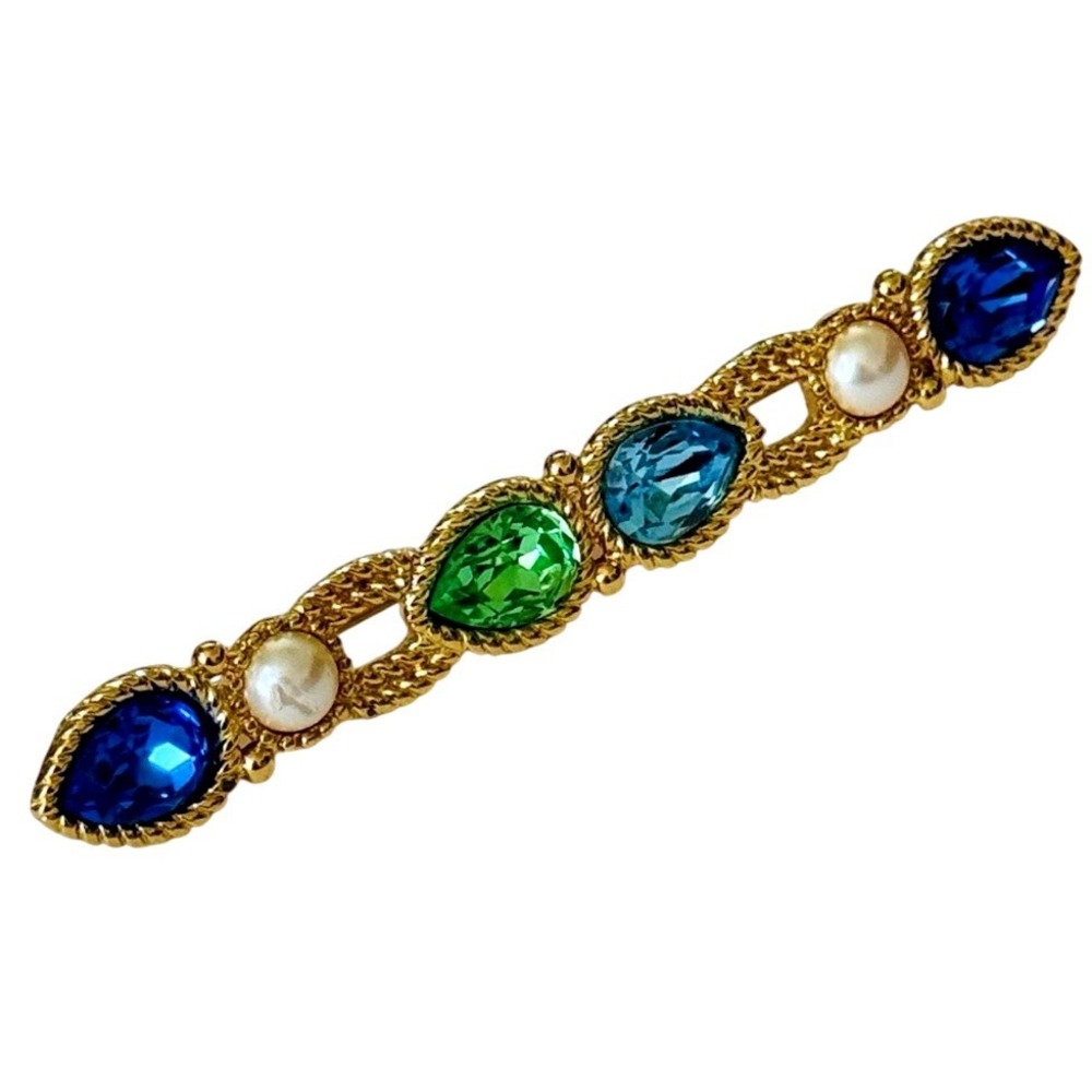 Monet Bar pin Brooch VTG‎ Crystal rhinestone Pearl Regal Byzantine Gold Jeweled